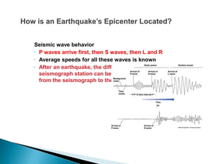 Seismic wave behavior
◦ P waves arrive first, then S waves, then L and R
◦ Average speeds for all these waves is known
◦ After an earthquake, the difference in arrival times at a
seismograph station can be used to calculate the distance
from the seismograph to the epicenter.
 