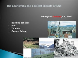 Damage in Oakland, CA, 1989
• Building collapse
• Fire
• Tsunami
• Ground failure
 