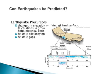 Earthquake Precursors
 changes in elevation or tilting of land surface,
fluctuations in groundwater levels, magnetic
field, electrical resistance of the ground
 seismic dilatancy model
 seismic gaps
 