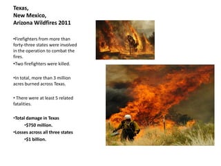 Texas,
New Mexico,
Arizona Wildfires 2011

•Firefighters from more than
forty-three states were involved
in the operation to combat the
fires.
•Two firefighters were killed.

•In total, more than 3 million
acres burned across Texas.

• There were at least 5 related
fatalities.

•Total damage in Texas
      •$750 million.
•Losses across all three states
      •$1 billion.
 