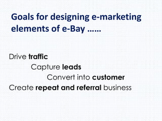 Goals for designing e-marketing
elements of e-Bay ……
Drive traffic
Capture leads
Convert into customer
Create repeat and referral business
 