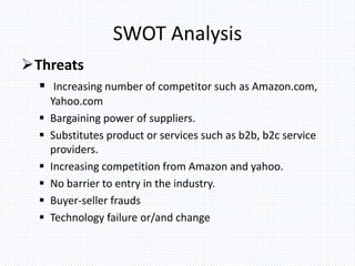 SWOT Analysis
Threats
 Increasing number of competitor such as Amazon.com,
Yahoo.com
 Bargaining power of suppliers.
 Substitutes product or services such as b2b, b2c service
providers.
 Increasing competition from Amazon and yahoo.
 No barrier to entry in the industry.
 Buyer-seller frauds
 Technology failure or/and change
 