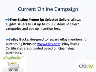 Current Online Campaign
Free-Listing Promo for Selected Sellers: allows
eligible sellers to list up to 25,000 items in select
categories and pay no insertion fees.
eBay Bucks: designed to reward eBay members for
purchasing items on www.ebay.com. eBay Bucks
Certificates are provided based on Qualifying
purchases.
 