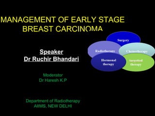 ModeratorModerator
Dr Haresh K.PDr Haresh K.P
Department of RadiotherapyDepartment of Radiotherapy
AIIMS, NEW DELHIAIIMS, NEW DELHI
MANAGEMENT OF EARLY STAGEMANAGEMENT OF EARLY STAGE
BREAST CARCINOMABREAST CARCINOMA
Speaker
Dr Ruchir Bhandari
 