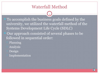 Waterfall Method
5

To accomplish the business goals defined by the

university, we utilized the waterfall method of the
Systems Development Life Cycle (SDLC)
Our approach consisted of several phases to be
followed in sequential order:





Planning
Analysis
Design
Implementation

 