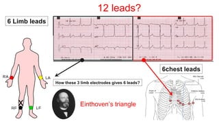 12 leads?
6 Limb leads
6chest leads
x
How these 3 limb electrodes gives 6 leads?
Einthoven’s triangle
 