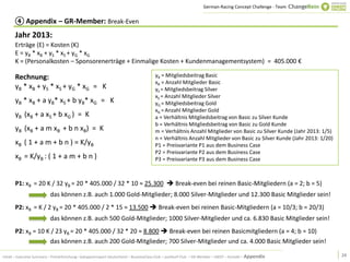 German-Racing Concept Challenge - Team


      ④ Appendix – GR-Member: Break-Even
       Jahr 2013:
       Erträge (E) = Kosten (K)
       E = yB * xB + yS * xS + yG * xG
       K = (Personalkosten – Sponsorenerträge + Einmalige Kosten + Kundenmanagementsystem) = 405.000 €

       Rechnung:                                                                       yB = Mitgliedsbeitrag Basic
                                                                                       xB = Anzahl Mitglieder Basic
       yB * xB + yS * xS + yG * xG = K                                                 yS = Mitgliedsbeitrag Silver
                                                                                       xS = Anzahl Mitglieder Silver
       yB * xB + a yB* xS + b yB* xG = K                                               yG = Mitgliedsbeitrag Gold
                                                                                       xG = Anzahl Mitglieder Gold
       yB (xB + a xS + b xG ) = K                                                      a = Verhältnis Mitgliedsbeitrag von Basic zu Silver Kunde
                                                                                       b = Verhältnis Mitgliedsbeitrag von Basic zu Gold Kunde
       yB (xB + a m xB + b n xB) = K                                                   m = Verhältnis Anzahl Mitglieder von Basic zu Silver Kunde (Jahr 2013: 1/5)
                                                                                       n = Verhältnis Anzahl Mitglieder von Basic zu Silver Kunde (Jahr 2013: 1/20)
       xB ( 1 + a m + b n ) = K/yB                                                     P1 = Preisvariante P1 aus dem Business Case
                                                                                       P2 = Preisvariante P2 aus dem Business Case
       xB = K/yB : ( 1 + a m + b n )                                                   P3 = Preisvariante P3 aus dem Business Case



       P1: xB = 20 K / 32 yB = 20 * 405.000 / 32 * 10 ≈ 25.300  Break-even bei reinen Basic-Mitgliedern (a = 2; b = 5)
                           das können z.B. auch 1.000 Gold-Mitglieder; 8.000 Silver-Mitglieder und 12.300 Basic Mitglieder sein!
       P2: xB = K / 2 yB = 20 * 405.000 / 2 * 15 ≈ 13.500  Break-even bei reinen Basic-Mitgliedern (a = 10/3; b = 20/3)
                           das können z.B. auch 500 Gold-Mitglieder; 1000 Silver-Mitglieder und ca. 6.830 Basic Mitglieder sein!
       P2: xB = 10 K / 23 yB = 20 * 405.000 / 32 * 20 ≈ 8.800  Break-even bei reinen Basicmitgliedern (a = 4; b = 10)
                    das können z.B. auch 200 Gold-Mitglieder; 700 Silver-Mitglieder und ca. 4.000 Basic Mitglieder sein!

Inhalt – Executive Summary – Primärforschung– Galopprennsport Deutschland – BusinessClass-Club – just4turf-Club – GR-Member – SWOT – Kontakt – Appendix               24
 