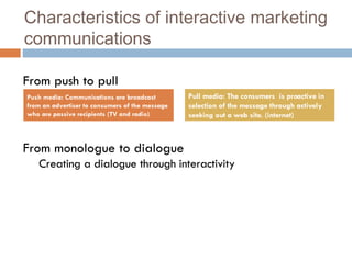 Characteristics of interactive marketing communications Push media: Communications are broadcast from an advertiser to consumers of the message who are passive recipients (TV and radio) Pull media: The consumers  is proactive in selection of the message through actively seeking out a web site. (internet) From push to pull From monologue to dialogue Creating a dialogue through interactivity 