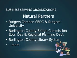 Natural Partners
• Rutgers Camden SBDC & Rutgers
  University
• Burlington County Bridge Commission
  Econ Dev & Regional Planning Dept.
• Burlington County Library System
• …more
 