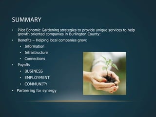 •   Pilot Eonomic Gardening strategies to provide unique services to help
    growth oriented companies in Burlington County:
•   Benefits – Helping local companies grow:
     • Information
     • Infrastructure
     • Connections
•   Payoffs
     • BUSINESS
     • EMPLOYMENT
     • COMMUNITY
• Partnering for synergy
 