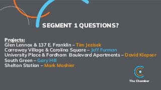 The Chamber
Projects:
Glen Lennox & 137 E. Franklin – Tim Jezisek
Carraway Village & Carolina Square – Jeff Furman
University Place & Fordham Boulevard Apartments – David Klepser
South Green – Gary Hill
Shelton Station – Mark Moshier
SEGMENT 1 QUESTIONS?
 
