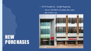 NEW
PURCHASES
• 137 E. Franklin St. – Grubb Properties
– Almost 100,000 SF of available office space
– $23.5 Million sale
 