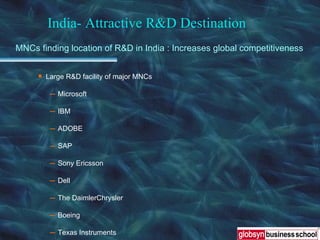 MNCs finding location of R&D in India : Increases global competitiveness India- Attractive R&D  Destination Large R&D facility of major MNCs Microsoft IBM ADOBE SAP Sony Ericsson  Dell  The DaimlerChrysler  Boeing Texas Instruments 