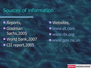 Sources of information Reports, Goldman Sachs,2005 World bank,2007 CII report,2005 Websites, www.et.com www.rbi.org www.gov.nic.in 