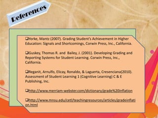Yorke, Mantz (2007). Grading Student’s Achievement in Higher
Education: Signals and Shortcomings, Corwin Press, Inc., California.
Guskey, Thomas R. and Bailey, J. (2001). Developing Grading and
Reporting Systems for Student Learning. Corwin Press, Inc.,
California.
Reganit, Arnulfo, Elicay, Ronaldo, & Laguerta, Cresenciana(2010).
Assessment of Student Learning 1 (Cognitive Learning) C & E
Publishing, Inc.
http://www.merriam-webster.com/dictionary/grade%20inflation
http://www.mnsu.edu/cetl/teachingresources/articles/gradeinflati
on.html
 
