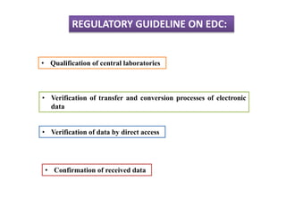 REGULATORY GUIDELINE ON EDC:
• Qualification of central laboratories
• Verification of transfer and conversion processes of electronic
data
• Verification of data by direct access
• Confirmation of received data
 