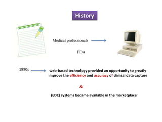History
Medical professionals
FDA
1990s web-based technology provided an opportunity to greatly
improve the efficiency and accuracy of clinical data capture
(EDC) systems became available in the marketplace
&
 