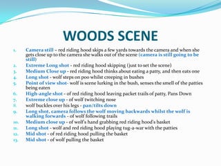 WOODS SCENE
1.    Camera still – red riding hood skips a few yards towards the camera and when she
      gets close up to the camera she walks out of the scene (camera is still going to be
      still)
2.    Extreme Long shot - red riding hood skipping (just to set the scene)
3.    Medium Close up - red riding hood thinks about eating a patty, and then eats one
4.    Long shot - wolf steps on poo whilst creeping in bushes
5.    Point of view shot- wolf is scene lurking in the bush, senses the smell of the patties
      being eaten
6.    High-angle shot - of red riding hood leaving packet trails of patty, Pans Down
7.    Extreme close up - of wolf twitching nose
8.    wolf buckles over his legs - pan/tilts down
9.    Long shot, camera follows the wolf moving backwards whilst the wolf is
      walking forwards - of wolf following trails
10.   Medium close up - of wolf's hand grabbing red riding hood's basket
11.   Long shot - wolf and red riding hood playing tug-a-war with the patties
12.   Mid shot - of red riding hood pulling the basket
13.   Mid shot - of wolf pulling the basket
 