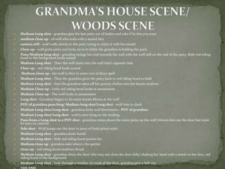    Medium Long shot - grandma gets the last patty out of basket and asks if its this you want
   medium close up - of wolf who nods with a scared face
   camera still - wolf walks slowly to the patty trying to claim it with his mouth
   Close up - wolf grabs patty and locks on to it whilst the grandma is holding the patty
   Pans/Medium long shot - grandma swings her arm towards the wall with the wolf still on the end of the patty, little red riding
    hood in the background looks scared
   Medium Long shot - Then the wolf slams into the wall that’s opposite him
   Close up – red riding hood looks scared
    Medium close up - the wolf is then In some sort of dizzy spell
   Medium Long shot - Then the grandma gives the patty back to red riding hood to hold
   Medium Long shot - then the grandma takes off her granny clothes into her karate uniform
   Medium Close up - Little red riding hood looks in amazement.
   Medium Close up - The wolf looks in amazement
   Long shot - Grandma begins to do some Karate Moves at the wolf
   POV of grandma punching/ Medium long shot/Long shot - wolf tries to duck
   Medium Long shot/Long shot - grandma kicks wolf downstairs – POV of grandma
   Medium Long shot/Long shot - wolf is seen lying on the landing
   Pans from a Long shot to a POV shot - grandma comes down the stairs picks up the wolf (throws him out the door but wont
    be seen on camera)
   Side shot - Wolf jumps out the door in jazzy of fresh prince style.
   Medium Long shot - grandma dusts hands
   Medium Long shot - little red riding hood praises her
   Medium close up - grandma asks where’s the patties
   close up - red riding hood swallows throat
   Medium Long shot - grandma shuts the door (she may not close the door fully) shaking her head with a smirk on her face, red
    riding hood in the background
   Medium Long shot - look through a window or creek of the door, grandma gets a belt out
 