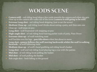    Camera still – red riding hood skips a few yards towards the camera and when she gets
    close up to the camera she walks out of the scene (camera is still going to be still)
   Extreme Long shot - red riding hood skipping (just to set the scene)
   Medium Close up - red riding hood thinks about eating a patty, and then eats one
   Close up - wolf steps on poo
   Long shot - wolf frustrated wth stepping on poo
   High-angle shot - of red riding hood leaving packet trails of patty, Pans Down
   Extreme close up - of wolf twitching nose
   wolf buckles over his legs - pan/tilts down when hes about to move
   Long shot, camera follows the wolf moving backwards whilst the wolf is walking
    forwards - of wolf following trails
   Medium close up - of wolf's hand grabbing red riding hood's basket
   Long shot - wolf and red riding hood playing tug-a-war with the patties
   Mid shot - of red riding hood pulling the basket
   Mid shot - of wolf pulling the basket
   Side angle shot - both falling to the ground
 