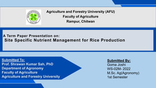 A Term Paper Presentation on:
Site Specific Nutrient Management for Rice Production
Submitted To:
Prof. Shrawan Kumar Sah, PhD
Department of Agronomy
Faculty of Agriculture
Agriculture and Forestry University
Agriculture and Forestry University (AFU)
Faculty of Agriculture
Rampur, Chitwan
Submitted By:
Goma Joshi
WS-02M- 2022
M.Sc. Ag(Agronomy)
1st Semester
 