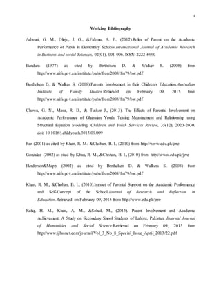 11
Working Bibliography
Adwuni, G. M., Olojo, J. O., &Falemu, A. F., (2012).Roles of Parent on the Academic
Performance of Pupils in Elementary Schools.International Journal of Academic Research
in Business and social Sciences, 02(01), 001-006. ISSN: 2222-6990
Bandura (1977) as cited by Berthelsen D. & Walker S. (2008) from
http://www.aifs.gov.au/institute/pubs/from2008/fm79/bw.pdf
Berthelsen D. & Walker S. (2008).Parents Involvement in their Chidren’s Education.Australian
Institute of Family Studies.Retrieved on February 09, 2015 from
http://www.aifs.gov.au/institute/pubs/from2008/fm79/bw.pdf
Chowa, G. N., Masa, R. D., & Tucker J., (2013). The Effects of Parental Involvement on
Academic Performance of Ghanaian Youth: Testing Measurement and Relationship using
Structural Equation Modeling. Children and Youth Services Review, 35(12), 2020-2030.
doi: 10.1016/j.childyouth.3013.09.009
Fan (2001) as cited by Khan, R. M., &Chohan, B. I., (2010) from http://www.edu.pk/jrre
Gonzalez (2002) as cited by Khan, R. M., &Chohan, B. I., (2010) from http://www.edu.pk/jrre
Herderson&Mapp (2002) as cited by Berthelsen D. & Walkers S. (2008) from
http://www.aifs.gov.au/institute/pubs/from2008/fm79/bw.pdf
Khan, R. M., &Chohan, B. I., (2010).Impact of Parental Support on the Academic Performance
and Self-Concept of the School.Journal of Research and Reflection in
Education.Retrieved on February 09, 2015 from http://www.edu.pk/jrre
Rafiq, H. M., Khan, A. M., &Sohail, M., (2013). Parent Involvement and Academic
Achievement: A Study on Secondary Shool Students of Lahore, Pakistan. Internal Journal
of Humanities and Social Science.Retrieved on February 09, 2015 from
http://www.ijhssnet.com/journal/Vol_3_No_8_Special_Issue_April_2013/22.pdf
 