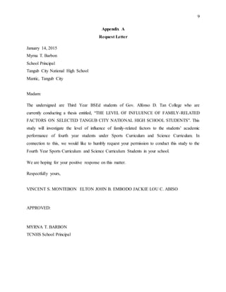 9
Appendix A
Request Letter
January 14, 2015
Myrna T. Barbon
School Principal
Tangub City National High School
Mantic, Tangub City
Madam:
The undersigned are Third Year BSEd students of Gov. Alfonso D. Tan College who are
currently conducting a thesis entitled, “THE LEVEL OF INFLUENCE OF FAMILY-RELATED
FACTORS ON SELECTED TANGUB CITY NATIONAL HIGH SCHOOL STUDENTS”. This
study will investigate the level of influence of family-related factors to the students’ academic
performance of fourth year students under Sports Curriculum and Science Curriculum. In
connection to this, we would like to humbly request your permission to conduct this study to the
Fourth Year Sports Curriculum and Science Curriculum Students in your school.
We are hoping for your positive response on this matter.
Respectfully yours,
VINCENT S. MONTEBON ELTON JOHN B. EMBODO JACKIE LOU C. ABISO
APPROVED:
MYRNA T. BARBON
TCNHS School Principal
 