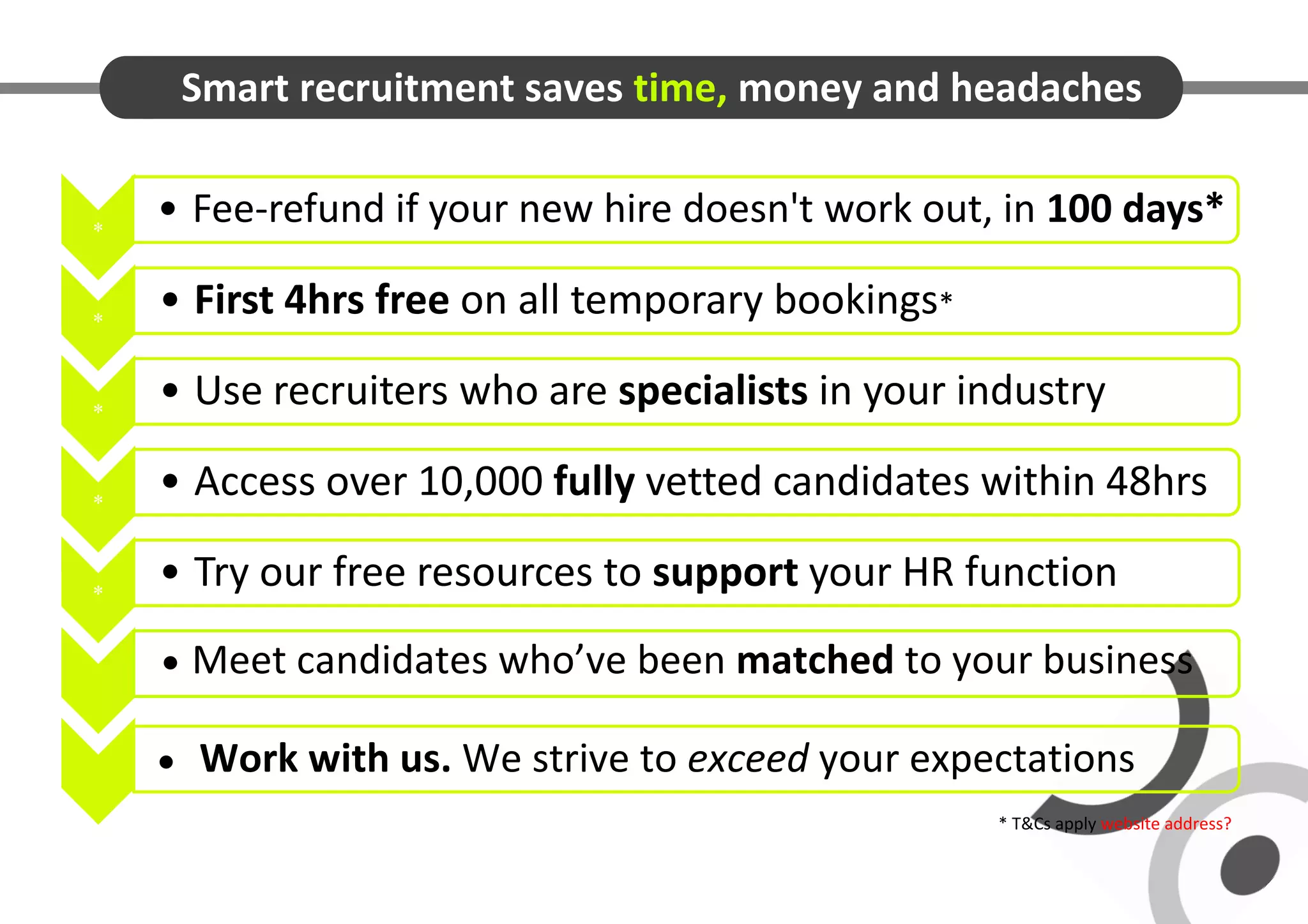 Smart recruitment saves time, money and headaches



    • Fee-refund if your new hire doesn't work out, in 100 days*


    • First 4hrs free on all temporary bookings*


    • Use recruiters who are specialists in your industry


    • Access over 10,000 fully vetted candidates within 48hrs


    • Try our free resources to support your HR function
     Meet candidates who’ve been matched to your business

       Work with us. We strive to exceed your expectations
                                                   * T&Cs apply website address?
 