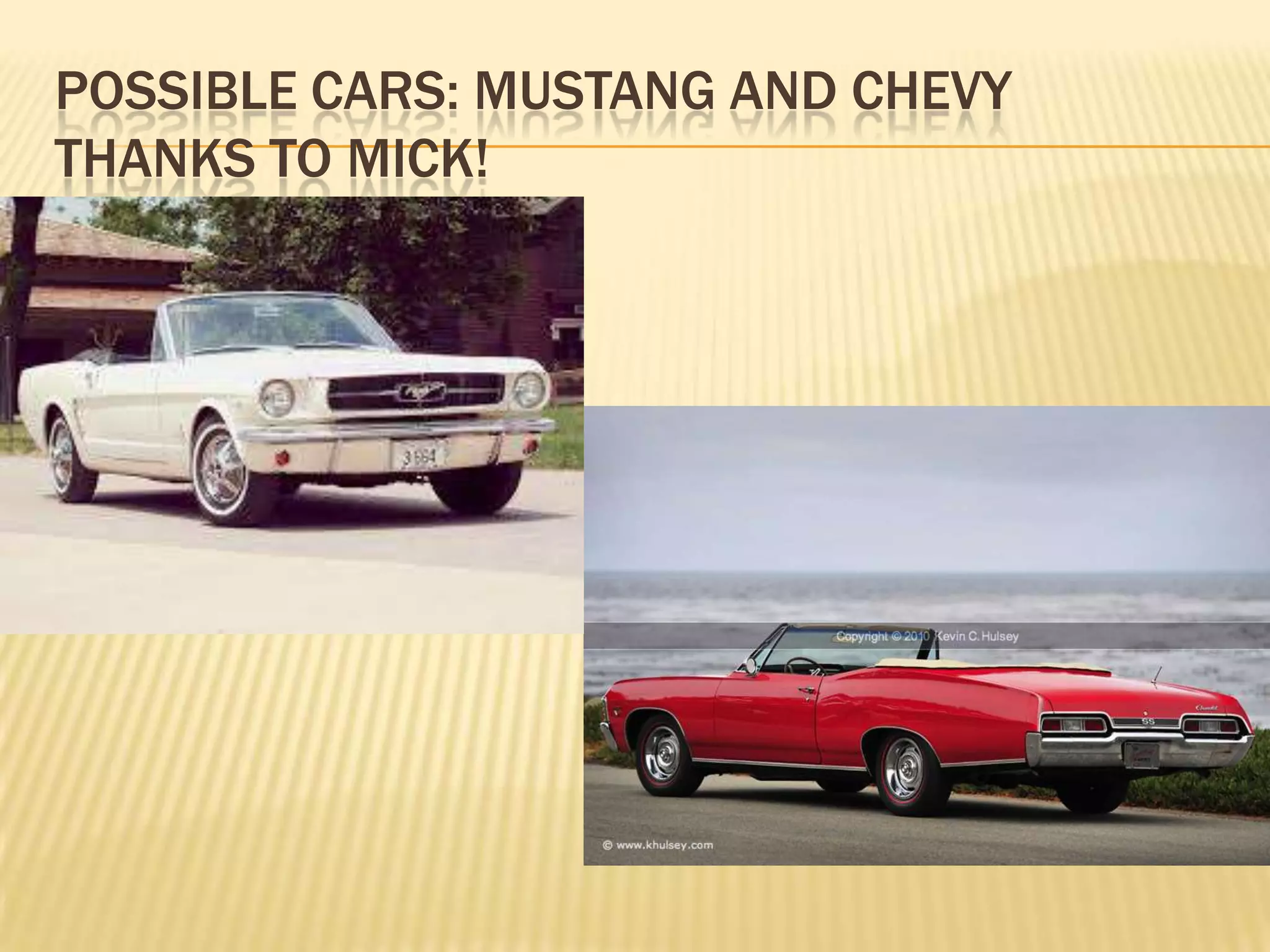 POSSIBLE CARS: MUSTANG AND CHEVY
THANKS TO MICK!
 