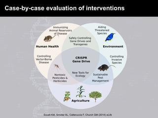 Esvelt KM, Smidler AL, Catteruccia F, Church GM (2014) eLife
Case-by-case evaluation of interventions
 