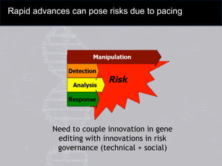Rapid advances can pose risks due to pacing
Need to couple innovation in gene
editing with innovations in risk
governance (technical + social)
 