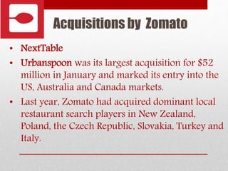 Acquisitions by Zomato
• NextTable
• Urbanspoon was its largest acquisition for $52
million in January and marked its entry into the
US, Australia and Canada markets.
• Last year, Zomato had acquired dominant local
restaurant search players in New Zealand,
Poland, the Czech Republic, Slovakia, Turkey and
Italy.
 