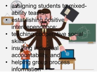 • assigning students to mixed-
ability teams;
• establishing positive
interdependence;
• teaching cooperative social
skills;
• insuring individual
accountability, and
• helping group process
information
 