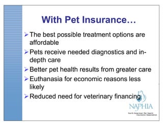With Pet Insurance…
The best possible treatment options are
 affordable
Pets receive needed diagnostics and in-
 depth care
Better pet health results from greater care
Euthanasia for economic reasons less
 likely
Reduced need for veterinary financing
 
