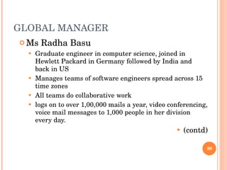 GLOBAL MANAGER Ms Radha Basu Graduate engineer in computer science, joined in Hewlett Packard in Germany followed by India and back in US Manages teams of software engineers spread across 15 time zones All teams do collaborative work logs on to over 1,00,000 mails a year, video conferencing, voice mail messages to 1,000 people in her division every day. (contd) 