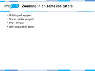 Zooming in on some indicators
• Multilingual support
• Social media support
• Peer review
• User evaluation tools
 
