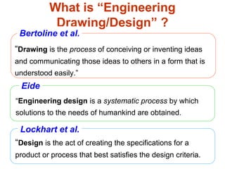 What is “Engineering
Drawing/Design” ?
“Engineering design is a systematic process by which
solutions to the needs of humankind are obtained.
“Drawing is the process of conceiving or inventing ideas
and communicating those ideas to others in a form that is
understood easily.”
Lockhart et al.
“Design is the act of creating the specifications for a
product or process that best satisfies the design criteria.
Eide
Bertoline et al.
 