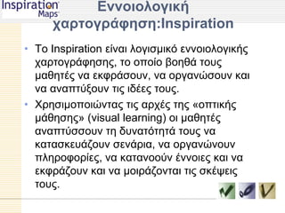 Δννοιολογική
     σαπηογπάθηζη:Inspiration
• Τν Inspiration είλαη ινγηζκηθό ελλνηνινγηθήο
  ραξηνγξάθεζεο, ην νπνίν βνεζά ηνπο
  καζεηέο λα εθθξάζνπλ, λα νξγαλώζνπλ θαη
  λα αλαπηύμνπλ ηηο ηδέεο ηνπο.
• Φξεζηκνπνηώληαο ηηο αξρέο ηεο «νπηηθήο
  κάζεζεο» (visual learning) νη καζεηέο
  αλαπηύζζνπλ ηε δπλαηόηεηά ηνπο λα
  θαηαζθεπάδνπλ ζελάξηα, λα νξγαλώλνπλ
  πιεξνθνξίεο, λα θαηαλννύλ έλλνηεο θαη λα
  εθθξάδνπλ θαη λα κνηξάδνληαη ηηο ζθέςεηο
  ηνπο.
 