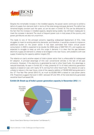 Despite this remarkable increase in the installed capacity, the power sector continues to exhibit a
    deficit of supply from demand, both in terms of the total energy and peak demand. This deficit has
    remained largely constant over the years, as can be seen in Exhibit 19. This can be attributed to
    the fact that the increase in installed capacity, despite being sizable, has still been inadequate to
    meet the increase in demand. The result is frequent power cuts in most areas of the country, and
    power grid failures are also not uncommon.

    This leads to one of the principal concerns regarding widespread deployment of EVs, India
    struggles to meet its existing electricity demands, and therefore, it would be unwise to impose an
    additional burden on the power sector. It has been estimated that India's annual power
    consumption in 2020 is expected to be double the 2009 value of 600 TWh [71], and supplies are
    expected to struggle to keep up with this surge in demand. It is clear that the gap between
    electricity supply and demand is unlikely to be bridged in the near future, with problems with coal
    supply threatening the capacity addition targets [72].

    The reliance on coal is another aspect of India's power sector that is unfavourable for widespread
    EV adoption. A principal advantage of EVs over conventional vehicles is the lack of tail pipe
    emissions. However, if the electricity is generated by coal or other fossil fuels, this advantage is
    reduced drastically. As seen in Exhibit 20, in India, presently 57 % of India's electricity generation
    capacity is based on coal, with nearly 10 % coming from other fossil fuels. This reliance on coal is
    unlikely to reduce in the near future, since of the capacity addition of 76,000 MW being planned in
    the 12th Five Year Plan period (2012-17), as much as 63,000 MW is based on coal power plants
    [73]. Projections suggest that even in 2031, between 67 and 78% of the total electricity generated
    would be fossil fuel based [74].

    Exhibit 20: Break-up of India's power generation capacity in November 2012 [75]


                  Non-hydro
                  renewable
                    12.3%




                                                                                            Coal
                                                                                           57.3%
                                                                Thermal
                             Hydro                                66%
                             18.6%

                                                                                            Gas
                                                                                           9.0%

                                                                                  Diesel
                             Nuclear
                                                                                  0.6%
                              2.3%


    Source: Power Sector Planning in India (Kanitkar T. and Banerjee R.,)




40 Electric Vehicles in India: Challenges and Opportunities
 
