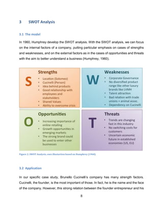 8
3 SWOT Analysis
3.1 The model
In 1960, Humphrey develop the SWOT analysis. With the SWOT analysis, we can focus
on the internal factors of a company, putting particular emphasis on cases of strengths
and weaknesses, and on the external factors as in the cases of opportunities and threats
with the aim to better understand a business (Humphrey, 1960).
Figure 2: SWOT Analysis, own illustartion based on Humphrey (1960)
3.2 Application
In our specific case study, Brunello Cucinelli’s company has many strength factors.
Cucinelli, the founder, is the most important of those. In fact, he is the name and the face
of the company. However, this strong relation between the founder entrepreneur and his
 