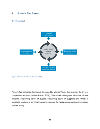 11
4 Porter’s Five Forces
4.1 The model
Figure 3: Porter's Five Forces (Porter, 1979)
Porter’s five forces is a framework developed by Michael Porter that analyses the level of
competition within industries (Porter, 2008). The model investigates the threat of new
entrants, bargaining power of buyers, bargaining power of suppliers and threat of
substitute products or services in order to measure the rivalry among existing competitors
(Porter, 1979).
 