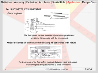 Definition | Anatomy | Evolution | Attributes | Spatial Role | Application | Design-Cons.
FLOOR
FALLINGWATER, PENNSYLVANIA
The treatments of the floor reflect continuity between inside and outside
by dissolving the strong boundaries of these two realms
•Floor as planes
The floor planes become extension of the landscape elements
creating a homogeneity with the environment
•Floor becomes an element communicating its coherence with nature
KETHEESWARAN M.ARCH
 