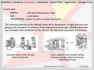 Definition | Anatomy | Evolution | Attributes | Spatial Role | Application | Design-Cons.
In early ages,
Connection between Man and God,
Columns of Sun, Peru
Column depicted as the charioteer of God,
Expressing strength, support and security,
VitthalTemple, Hampi
EARTH - a flat plane floating over water
SKY- a solid plane
MOUNTAINS- points on earth on which sky rested
COLUMN
The notional proximity to the celestial beings led to the practice of sages and wise men
going up the mountains for penance.These expressions of strength, celestial connection
and verticality were manifested as the column- the man-made equivalent of mountains.
KETHEESWARAN M.ARCH
 