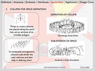 Definition | Anatomy | Evolution | Attributes | Spatial Role | Application | Design-Cons.
2. COLUMN FOR SPACE DEFINITION
Stonehenge, Great Britain
DEFINITION BYVOLUME
Three or more columns
not placed along the same
line, act as vertices of an
invisible polygon.
SUB-DIVISION OF SPACE
Amdavad ni Gufa,Ahmedabad
COLUMN
In composite arrangement,
columns sub-divide the
main volumes and also
help in defining them.
KETHEESWARAN M.ARCH
 