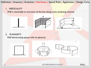 Definition | Anatomy | Evolution | Attributes | Spatial Role | Application | Design-Cons.
1. VERTICALITY
2. PLANARITY
Wall is essentially an extrusion of the line along z-axis, enclosing volumes
Wall demarcating spaces with its planarity
WALLKETHEESWARAN M.ARCH
 