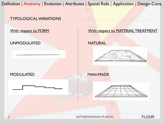 Definition | Anatomy | Evolution | Attributes | Spatial Role | Application | Design-Cons.
FLOOR
TYPOLOGICALVARIATIONS
With respect to FORM With respect to MATERIALTREATMENT
UNMODULATED
MODULATED
NATURAL
MAN-MADE
KETHEESWARAN M.ARCH
 