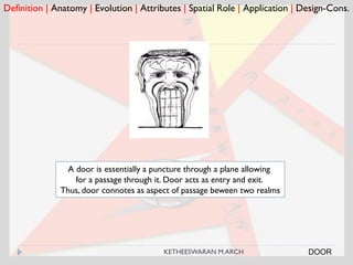 Definition | Anatomy | Evolution | Attributes | Spatial Role | Application | Design-Cons.
DOOR
A door is essentially a puncture through a plane allowing
for a passage through it. Door acts as entry and exit.
Thus, door connotes as aspect of passage beween two realms
KETHEESWARAN M.ARCH
 