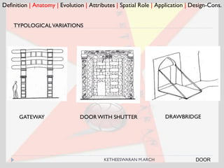 Definition | Anatomy | Evolution | Attributes | Spatial Role | Application | Design-Cons.
TYPOLOGICALVARIATIONS
GATEWAY DOOR WITH SHUTTER DRAWBRIDGE
DOORKETHEESWARAN M.ARCH
 