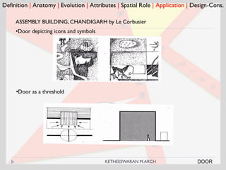 Definition | Anatomy | Evolution | Attributes | Spatial Role | Application | Design-Cons.
•Door depicting icons and symbols
•Door as a threshold
DOOR
ASSEMBLY BUILDING, CHANDIGARH by Le Corbusier
KETHEESWARAN M.ARCH
 