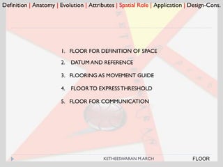 Definition | Anatomy | Evolution | Attributes | Spatial Role | Application | Design-Cons.
FLOOR
1. FLOOR FOR DEFINITION OF SPACE
2. DATUM AND REFERENCE
3. FLOORING AS MOVEMENT GUIDE
4. FLOOR TO EXPRESSTHRESHOLD
5. FLOOR FOR COMMUNICATION
KETHEESWARAN M.ARCH
 